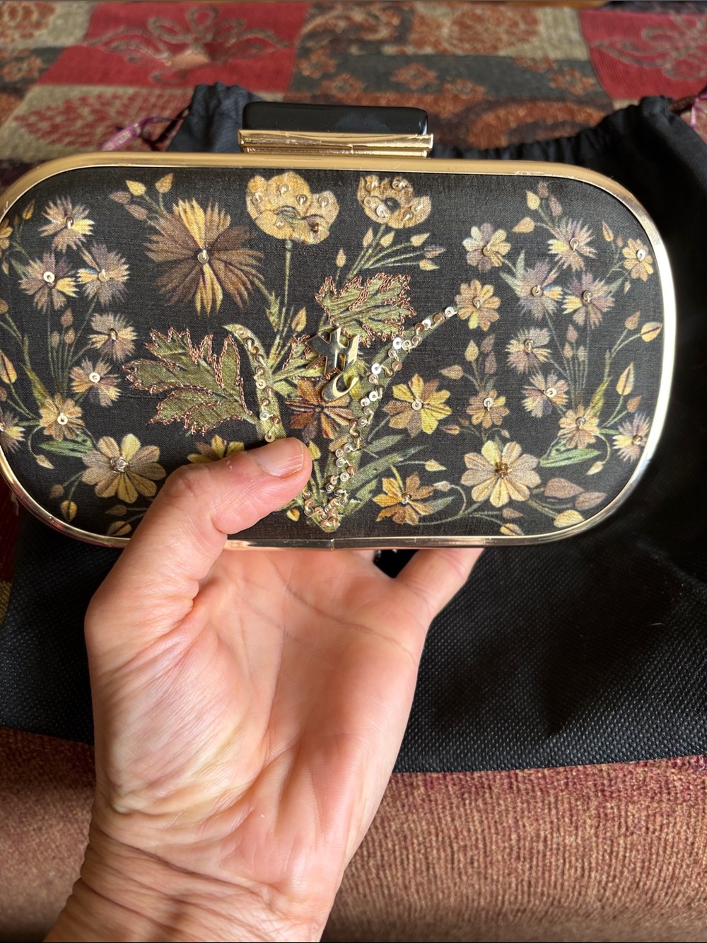 Ritu Kumar Black Embroidered Floral Minaudière with Gold Frame - Picture 2 of 10